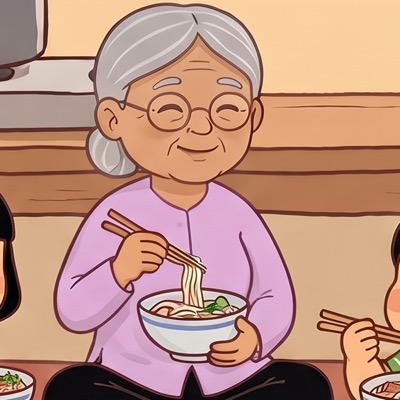 Bà Ngoại tasting phở with chopsticks