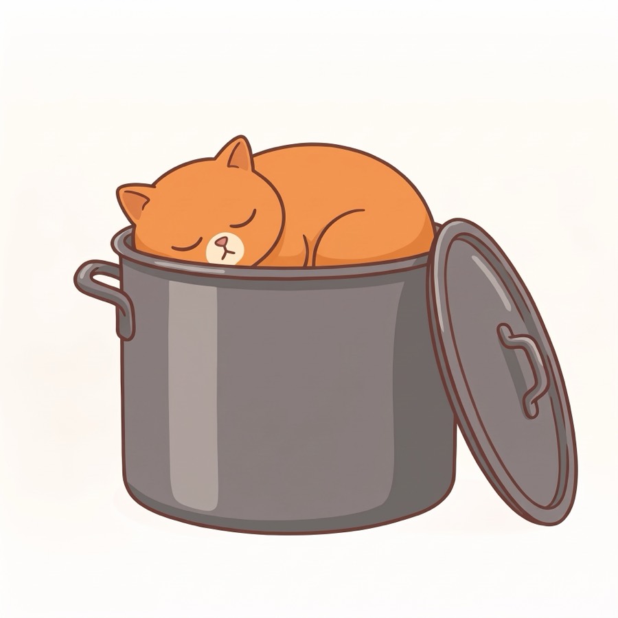 Mít, a round orange cat, asleep inside a big cooking pot